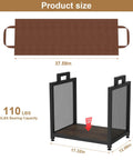 Built Tough Indoor Firewood Rack With Leather Carrier 17.32 Inch Metal Wood Storage Stand, size dimensions shown, 110 lbs capacity