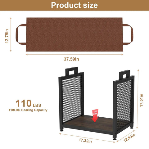 Built Tough Indoor Firewood Rack With Leather Carrier 17.32 Inch Metal Wood Storage Stand, size dimensions shown, 110 lbs capacity