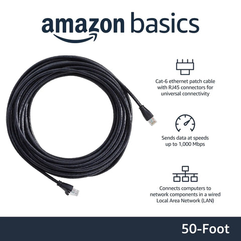 Cat 6 Ethernet Patch Cable 50 Foot With RJ45 Gold Plated Connectors For Fast Home Network Up To 1 Gigabit Per Second Plug And Play