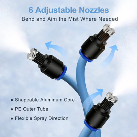Close-up of 6 adjustable nozzles on mist tubing for Portable Outdoor Misting System With Rechargeable Pump 23 Feet Of Mist Tubing 6 Adjustable Nozzles 30L Foldable Water Bag No Faucet Needed Ideal For Patio Tent Canopy Backyard Umbrella And Camping.