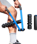 Roller Therapy Kit With Lever Action Pressure Control And Quick Change Rollers, showing blue frame and black bumpy roller in use