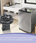 Washer Lid Strike Replacement For Maytag Whirlpool Kenmore Washers beside a front load washer in a modern laundry room