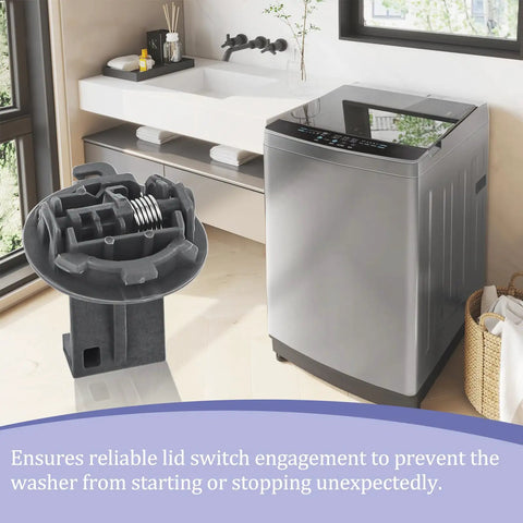 Washer Lid Strike Replacement For Maytag Whirlpool Kenmore Washers beside a front load washer in a modern laundry room