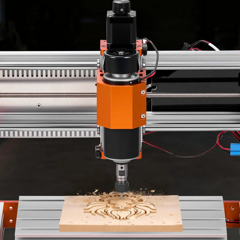 Level Up Your Shop With This Rock Solid 500W Spindle Cnc Router Machine Featuring Precision 3 Axis Wood Engraving And Effortless Acrylic Cutting For Real Deal Makers, close-up of spindle engraving wood.
