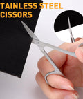 Close-up of cutting black paper with stainless scissors from All In One Vinyl Weeding Toolkit For DIY Crafters, 33-Piece Set.