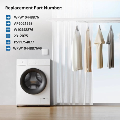 Washer Water Level Pressure Switch Replacement for Whirlpool and Maytag Models next to washing machine and hanging clothes