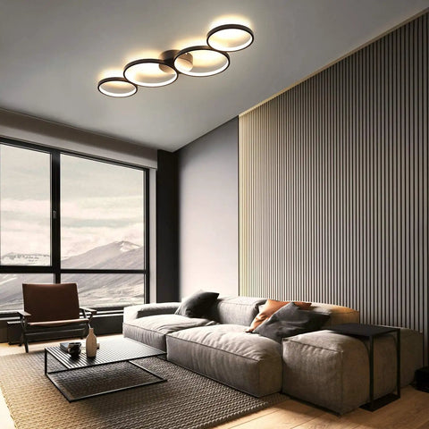 Modern Black Flush Mount LED Ceiling Light 30W 3000K Warm White 89cm Round Four Ring Fixture for living room