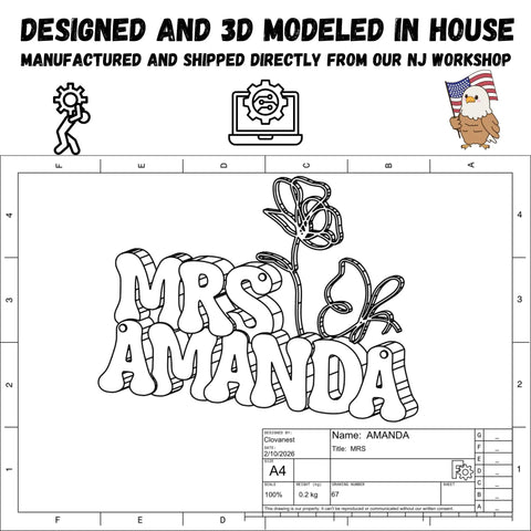 Custom 3D Printed Teacher Desk Name Plate Personalized Sign With Bold 3D Letters 'Mrs. Amanda' classroom decor