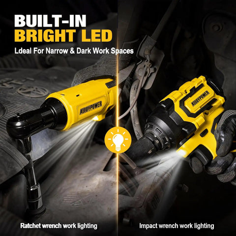 Heavy Hitting 20V Brushless Impact Wrench And Smooth 3/8 Inch Ratchet Combo Kit with built-in LED for dark work areas.