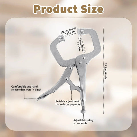 12 Pack 6 Inch Locking C Clamps With Swivel Pads And Regular Tips, shown with adjustable features and measurements