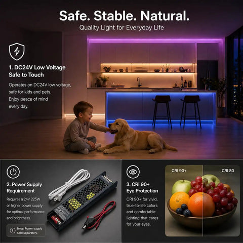 Interior lit by Ultra Bright Dual Row RGB CCT Flexible LED Strip Lights 270 LEDs Per Meter 5050 RGB And 2835 with dog and child in view