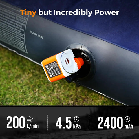 Ultra Portable Mini Air Pump For Inflatables With 2400mAh Battery connected to air mattress nozzle