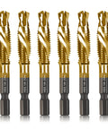 Six Piece Combination Drill Tap Bit Set SAE One Quarter Twenty NC Thread Size Titanium Coated High Speed Steel with Hex Shank