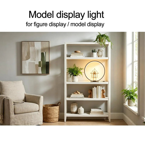 Open Circle LED Table Lamp With Dimmable Touch Control And Warm 3000K Light In Black on shelf in stylish living room