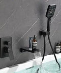 Wall Mount Waterfall Bathtub Faucets With Sprayer And Tub Filler Tub Shower Set With Rough In Valve Trim Kit Matte Black