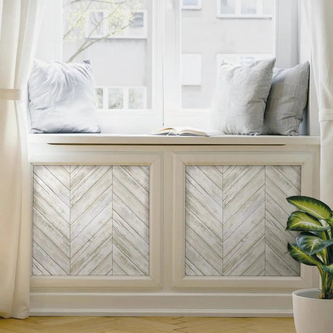 White And Tan Herringbone Wood Look Peel And Stick Wallpaper For Renters And Homeowners, Removable Vinyl with Window Accent