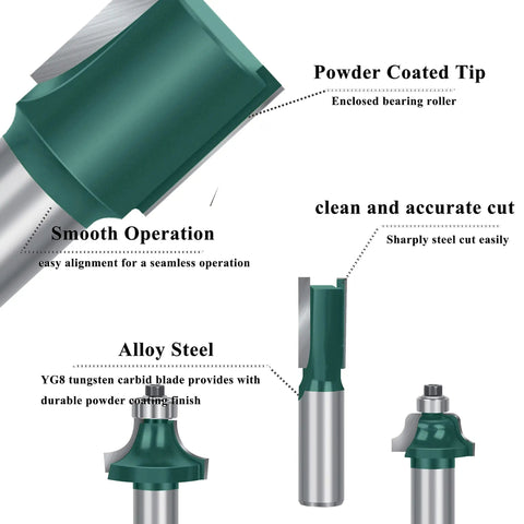 Detailed view of Router Bit Set Half Inch Shank 41 Piece Panel Ogee Door Rail Stile Cabinet Router Bits with carbide tips.