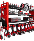 Power Tool Organizer Wall Mount For Workshop And Garage, 4 Layer Cordless Drill Organizer Rack in red with tools.