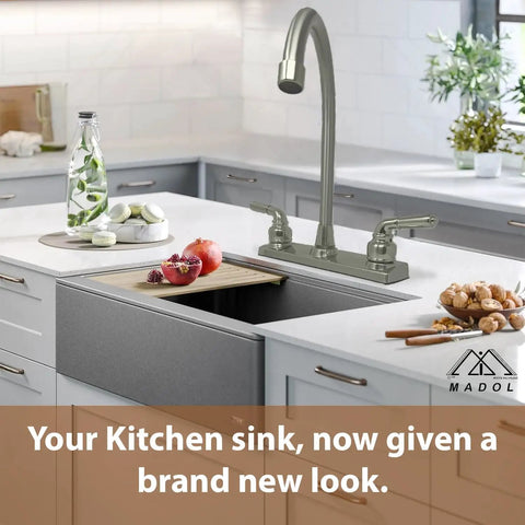 8 Inch Center Set Kitchen Faucet With Tall High Rise Spout Chrome POM Body And Stainless Steel Finish Two Handle Design ADA Compliant