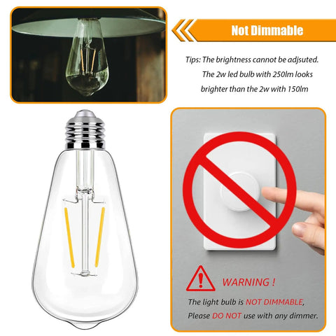 12 Pack 2W LED Edison Bulbs 250LM Not Dimmable, 2700K soft warm white bulb, clear glass design, warning symbol for non-dimming use