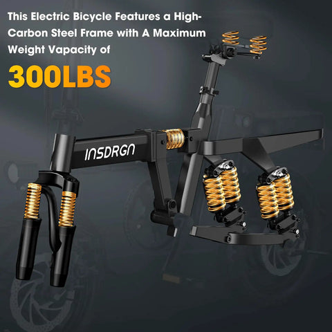 Foldable 14 Inch Electric Bike For Adults With 1500W Peak Motor, steel frame, suspension springs, 300lbs capacity. UL 2849 Certified.