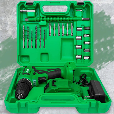 20V Cordless Drill Set with Battery and Charger, 350 In-Lb Torque, Three Eighths Inch Keyless Chuck in green carrying case