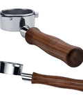 54mm Bottomless Portafilter With 18G Basket And Genuine American Walnut Handle For Breville Sage Barista Express And Other 54mm Machines Naked Extraction For Troubleshooting Channeling And Uneven Tamp, angled views