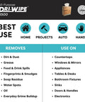 Usage guide for All-Purpose Disposable Wipes 176-Count For Heavy-Duty Cleaning And Janitorial Use, detailing applications and removals.