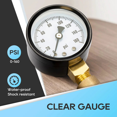 Close-up of RV water pressure regulator valve with gauge; brass body, 0–160 psi