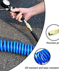 Close-up of Top Shelf Recoil Air Compressor Hose Featuring Heavy Duty Pu Spring Design for precise joint connection.