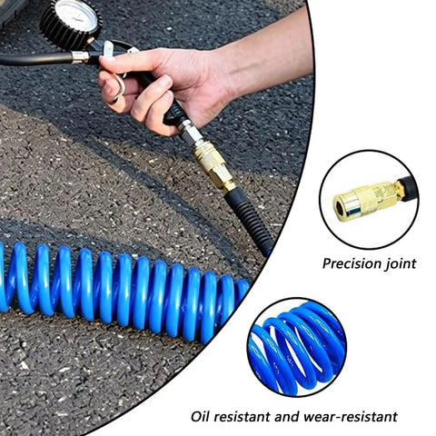 Close-up of Top Shelf Recoil Air Compressor Hose Featuring Heavy Duty Pu Spring Design for precise joint connection.