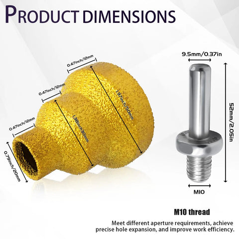 Dimensions of Diamond Step Drill Bit Set 20mm 35mm 50mm with M10 thread for marble granite tile and concrete drilling