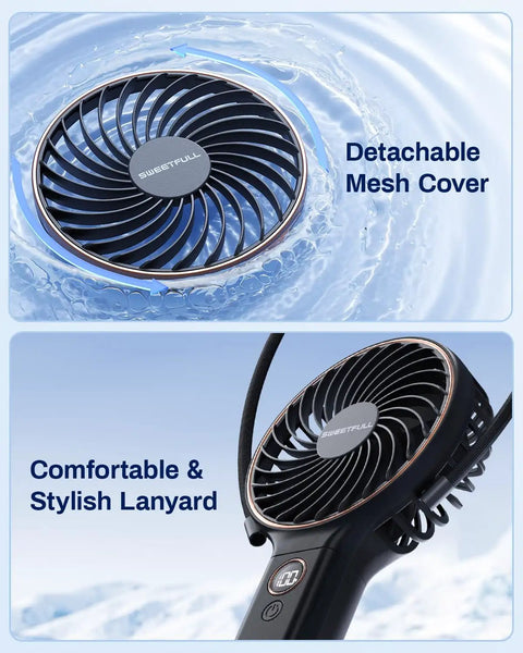 Must-Have On The Go Personal Portable Fan With 5000mAh Battery, 6 Speeds, showing detachable mesh cover and lanyard