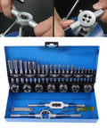 Must-Have 32 Piece Metric Thread Tap And Die Set For Garage Pros. Heavy Alloy Steel M3 To M10 Hand Threading Repair Kit Includes Wrenches Gauge And Tool For Serious Workshop Metalworking Jobs Today. Blue case with metric taps, dies, wrenches, and gauge