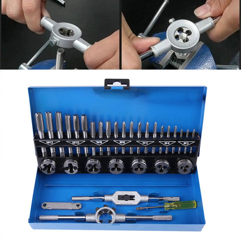 Must-Have 32 Piece Metric Thread Tap And Die Set For Garage Pros. Heavy Alloy Steel M3 To M10 Hand Threading Repair Kit Includes Wrenches Gauge And Tool For Serious Workshop Metalworking Jobs Today. Blue case with metric taps, dies, wrenches, and gauge