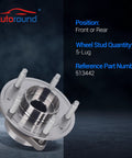 Plug And Play Front And Rear Wheel Bearing And Hub Assembly Fit For Chevy Equinox Malibu Trailblazer GMC Terrain Cadillac CT4 Buick Encore GX Regal Sportback TourX 2018 To 2024 2020 To 2022 AWD Compatible in close-up view, showing 5-lug design and part number 513442.