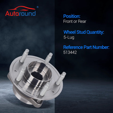 Plug And Play Front And Rear Wheel Bearing And Hub Assembly Fit For Chevy Equinox Malibu Trailblazer GMC Terrain Cadillac CT4 Buick Encore GX Regal Sportback TourX 2018 To 2024 2020 To 2022 AWD Compatible in close-up view, showing 5-lug design and part number 513442.