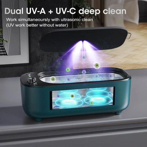 Deep Clean Pro Ultrasonic Jewelry Cleaner With Variable 47KHz To 50KHz Frequency And UV Light in action showing open lid.