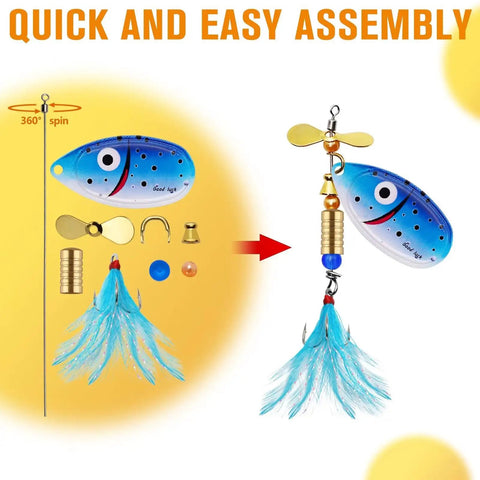 DIY Spinner Lure Kit For Bass Fishing With Inline Spinner Baits showing blue fishing lure parts and quick assembly