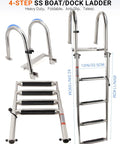 Badass 4 Step Telescoping Dock Ladder For Pontoon Boats And Yachts Heavy Duty 600 Pound Capacity shown at various angles with stainless steel frame.