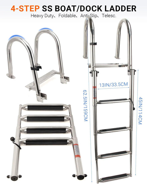 Badass 4 Step Telescoping Dock Ladder For Pontoon Boats And Yachts Heavy Duty 600 Pound Capacity shown at various angles with stainless steel frame.