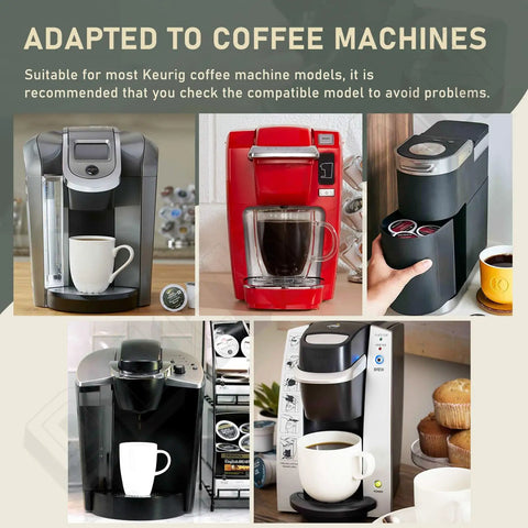 Collage of Keurig coffee makers compatible with 4 Pack Upper Needle Seal Replacement Gasket Set For Single Serve Coffee Makers No Leak Tech And Durable Silicone Rubber Fits B60 B66 0058 22 OfficePro And Other Compatible Models