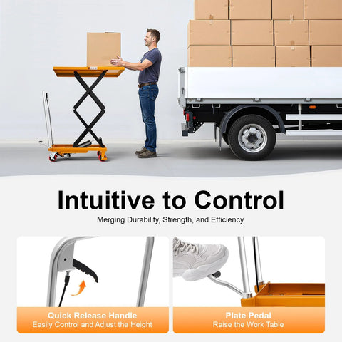 Front view of a yellow hydraulic scissor-lift table cart on casters lifting a cardboard box