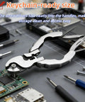 9-In-1 Keychain Multitool Pliers With Wire Cutter Stripper Crimper Bottle Opener And Screwdrivers on tech repair table