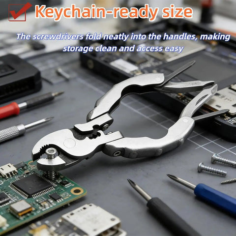 9-In-1 Keychain Multitool Pliers With Wire Cutter Stripper Crimper Bottle Opener And Screwdrivers on tech repair table