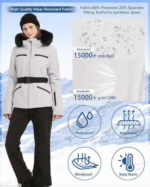 Woman wearing Women's Ski Jacket For Snowboarding Warm Winter Coat With Hood, Windproof And Waterproof, Short Slim Fit Snow Coat For Mountain Adventures, High Warmth Polyester Blend, XL Black