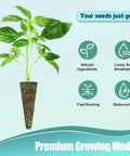 A hydroponic seed pod shown with plant and infographic features showing natural ingredients, loose breathable, fast rooting, balanced pH.