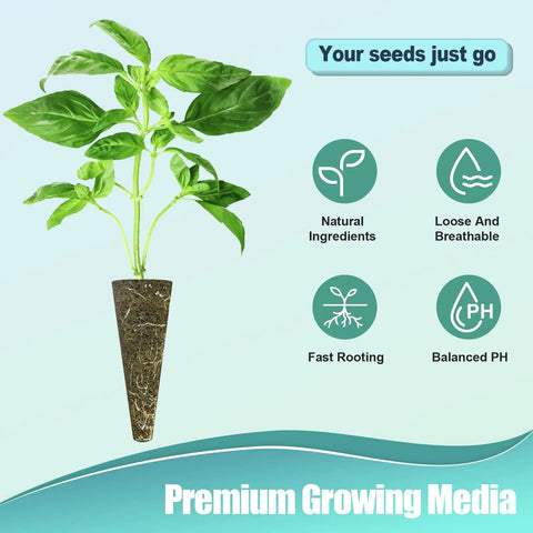A hydroponic seed pod shown with plant and infographic features showing natural ingredients, loose breathable, fast rooting, balanced pH.