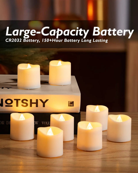 12 Pack Timer Flameless LED Votive Candles For Weddings With Auto On Off 6H 18H glowing on wooden table with books