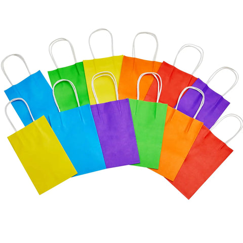Rainbow Gift Bags With Handles Set 24 Pack 8 Inch Multi Color Paper Party Favor Bags arranged in a colorful fan pattern
